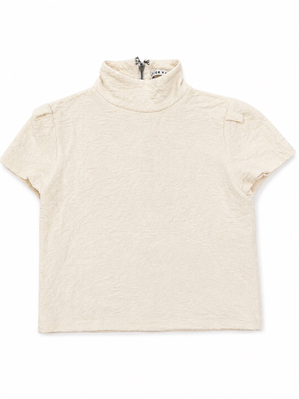 Alice + Olivia Ivory Textured Mock Neck Short Sleeve Zip Back Top Size 2